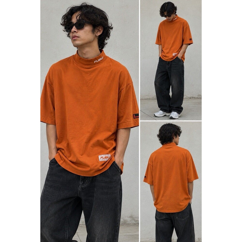 Vintage FUBU The Collection XL Orange Mock Neck T Shirt Hip Hop Y2K Streetwear